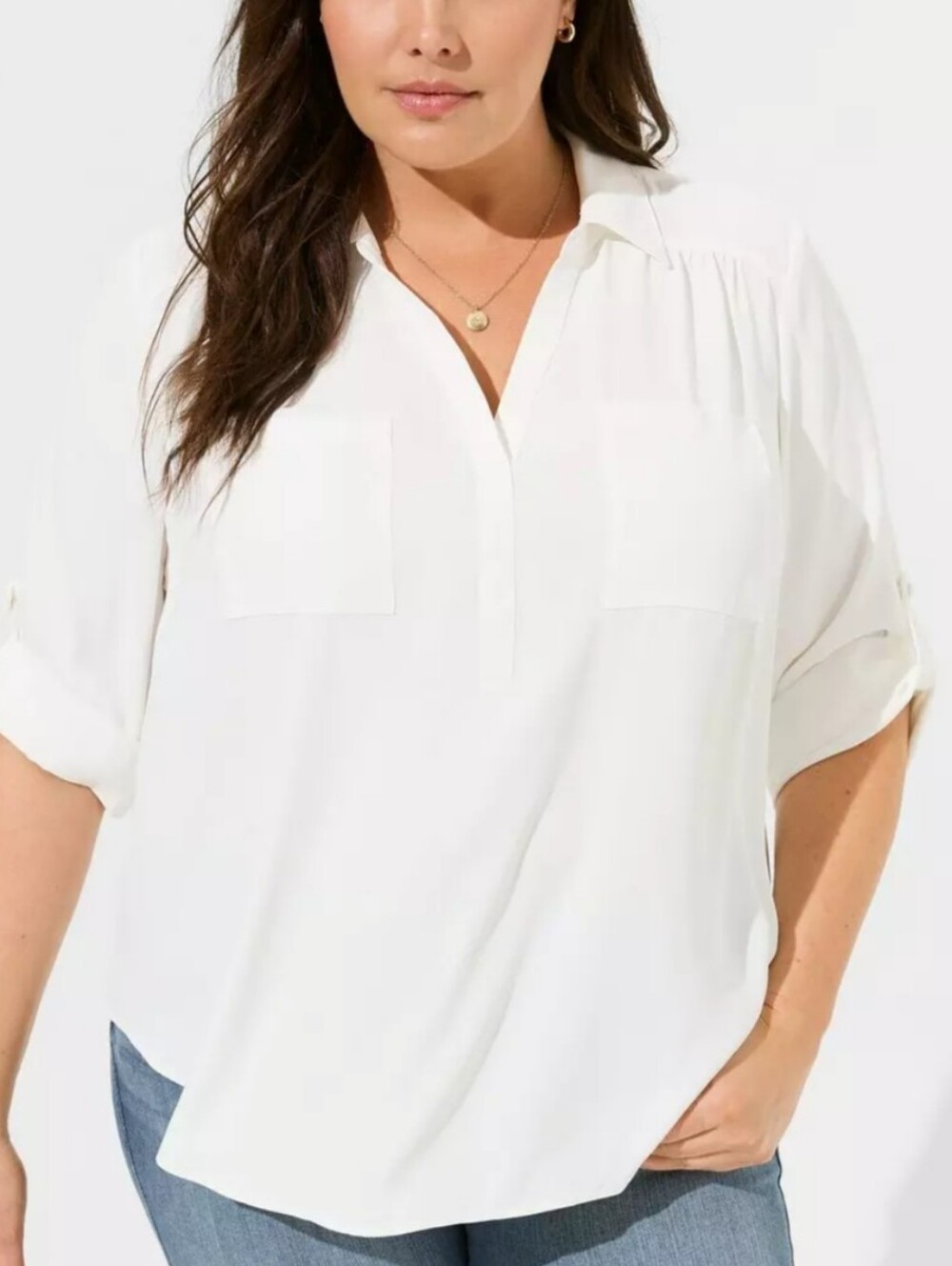 torrid Harper White V-Neck Pull-Over Blouse with Roll-Tab Sleeves